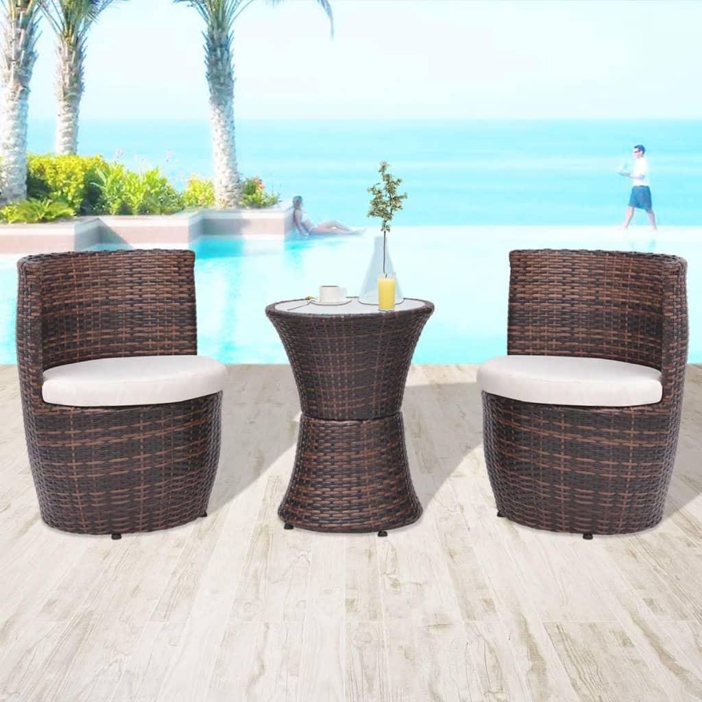 3 Piece Bistro Set with Cushions Poly Rattan Brown at Set Shop and Smile