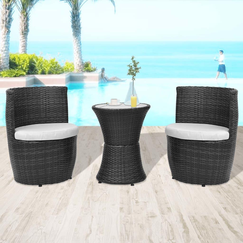 3 Piece Bistro Set with Cushions Poly Rattan Black at Set Shop and Smile