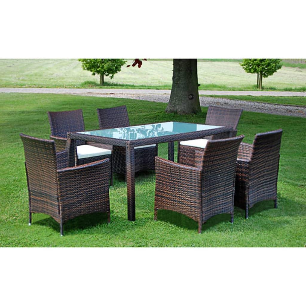 7 Piece Patio Dining Set with Cushions Poly Rattan Brown at Set Shop and Smile