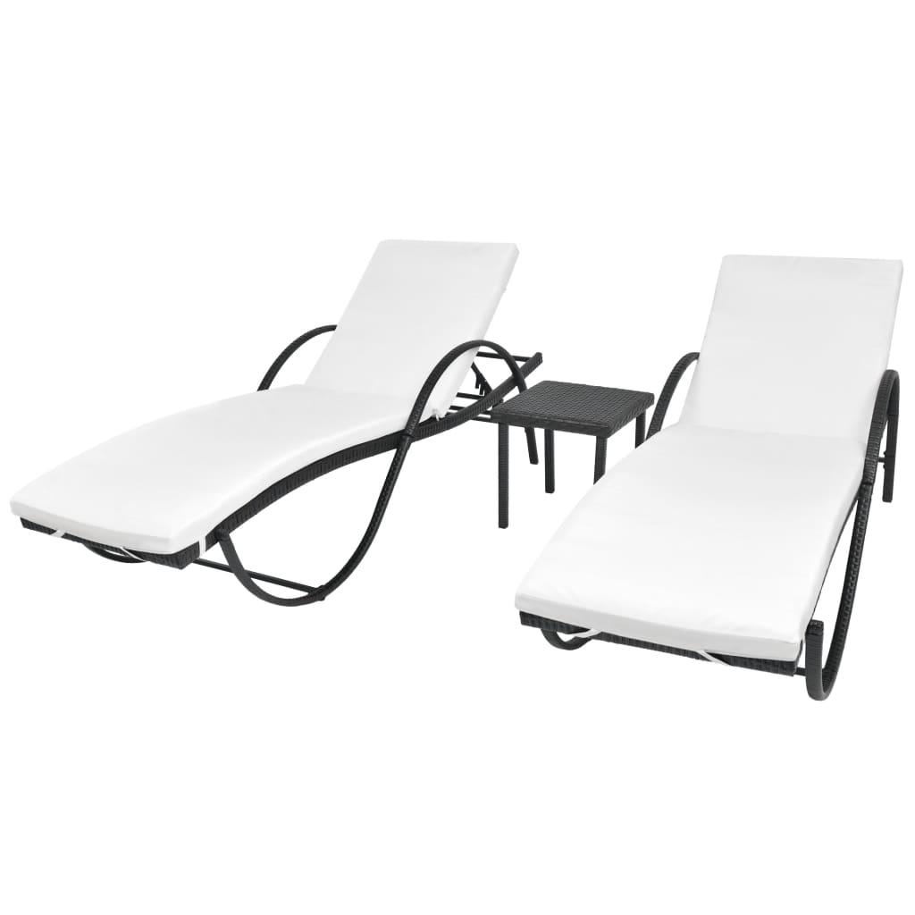 Sun Loungers 2 pcs with Table Poly Rattan Black at Set Shop and Smile
