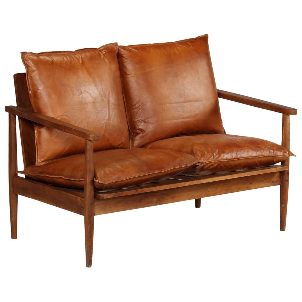 2-Seater Sofa Real Leather with Acacia Wood Brown at Set Shop and Smile