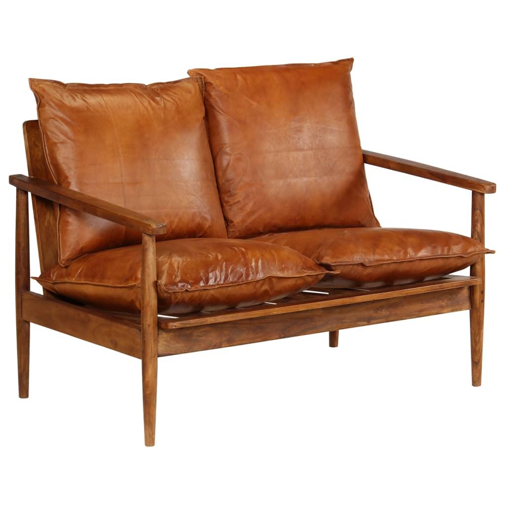 2-Seater Sofa Real Leather with Acacia Wood Brown at Set Shop and Smile