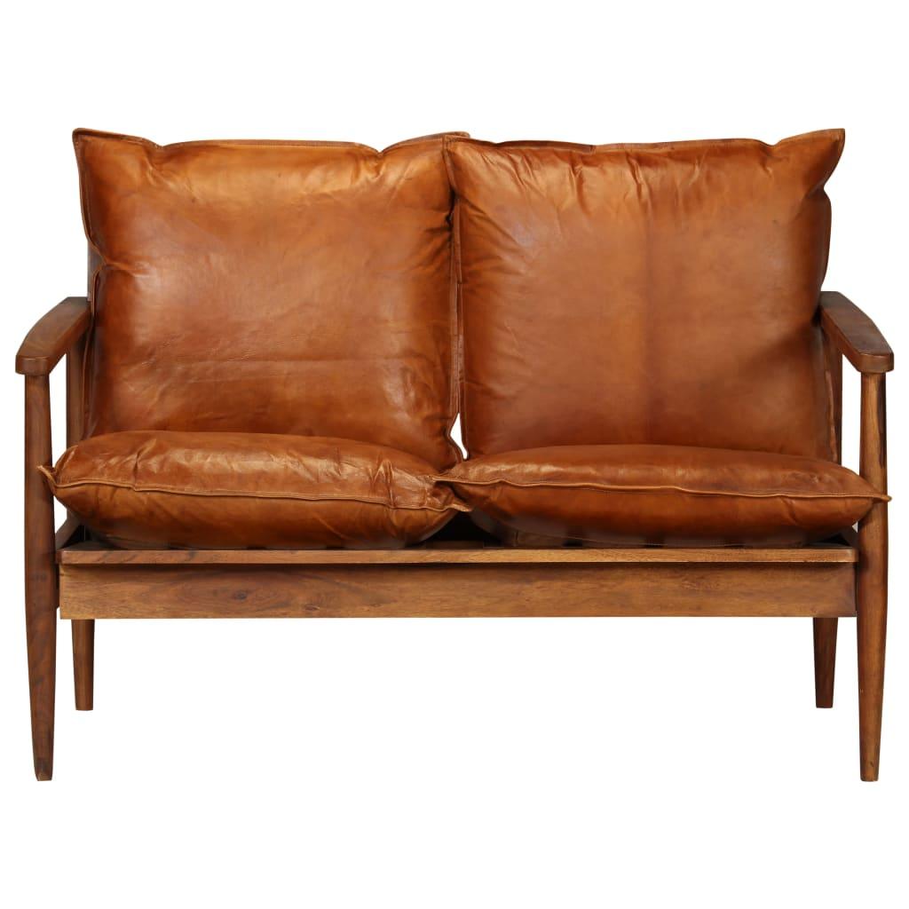 2-Seater Sofa Real Leather with Acacia Wood Brown at Set Shop and Smile