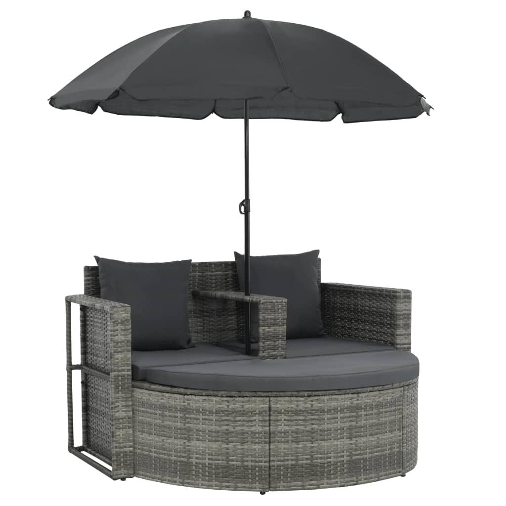 2 Seater Patio Sofa with Cushions and Parasol Gray Poly Rattan at Set Shop and Smile