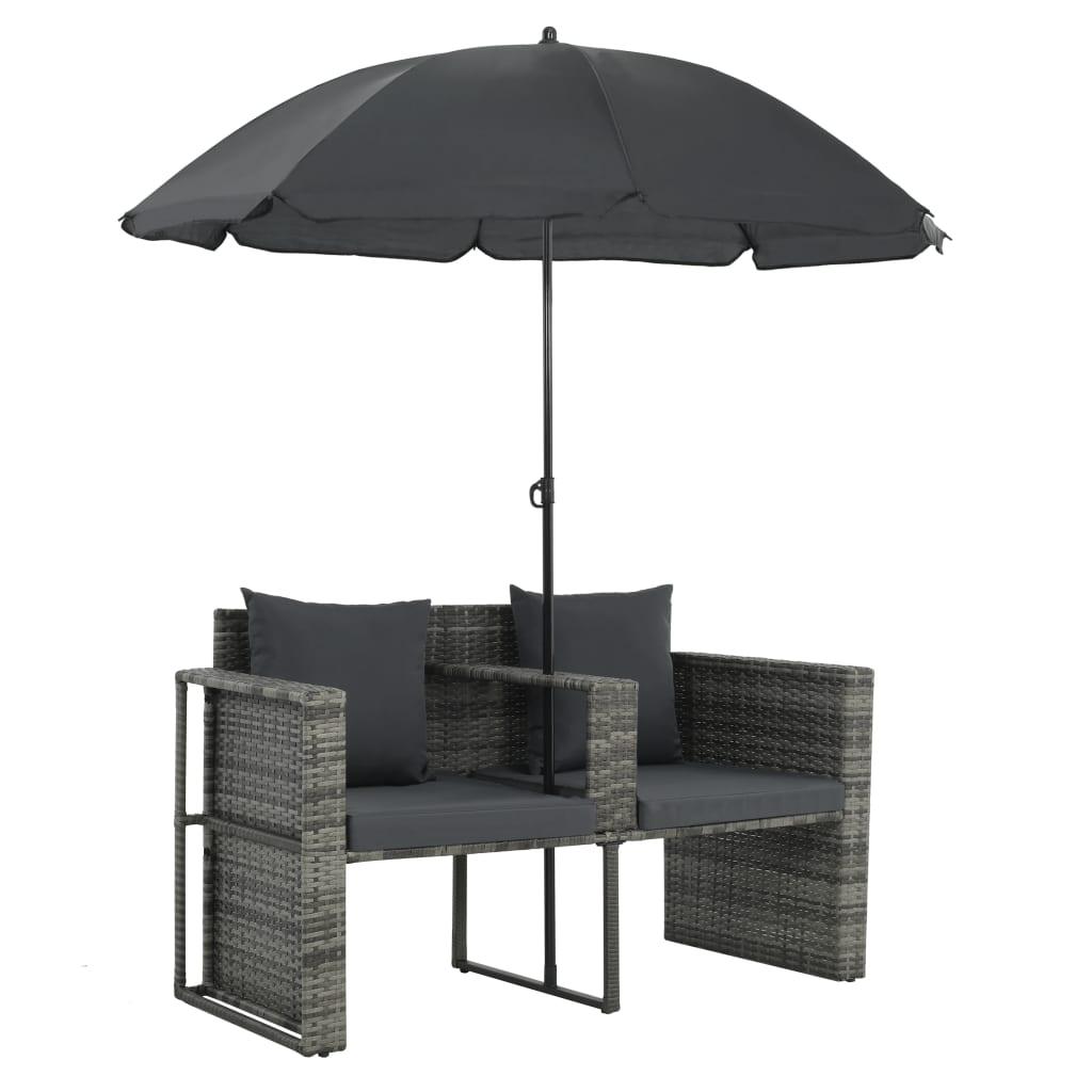 2 Seater Patio Sofa with Cushions and Parasol Gray Poly Rattan at Set Shop and Smile