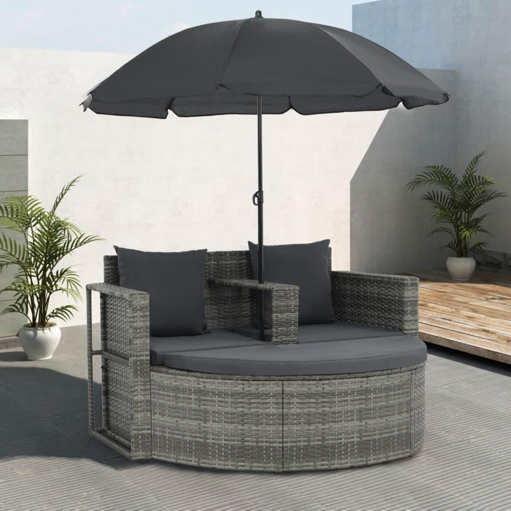 2 Seater Patio Sofa with Cushions and Parasol Gray Poly Rattan at Set Shop and Smile