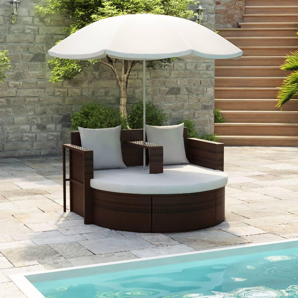 Patio Bed with Parasol Brown Poly Rattan at Set Shop and Smile