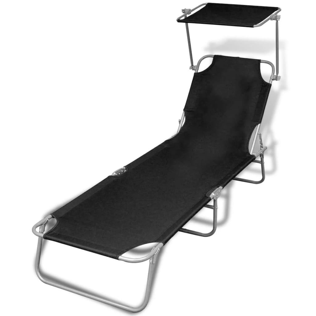 Folding Sun Lounger with Canopy Steel and Fabric Black at Set Shop and Smile