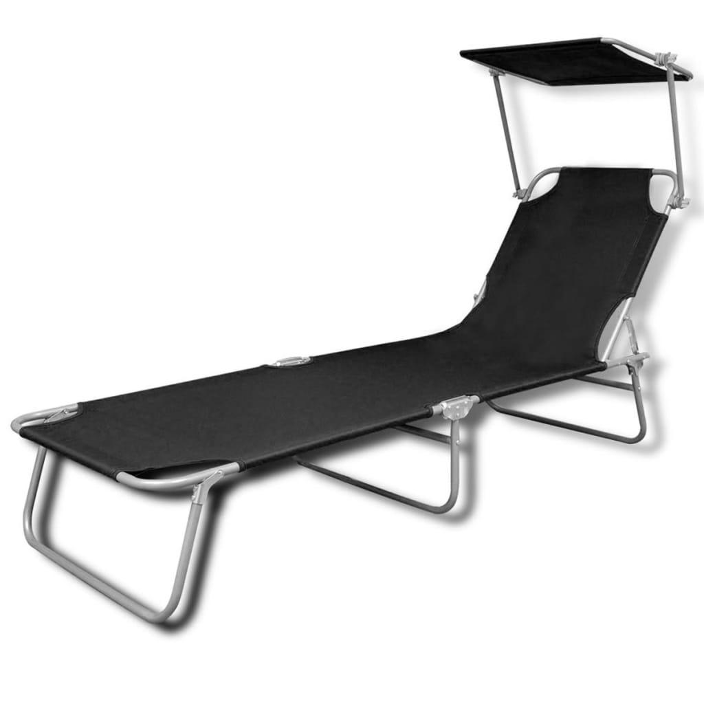 Folding Sun Lounger with Canopy Steel and Fabric Black at Set Shop and Smile