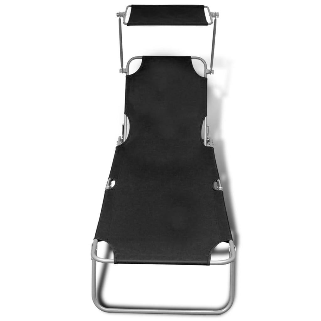 Folding Sun Lounger with Canopy Steel and Fabric Black at Set Shop and Smile