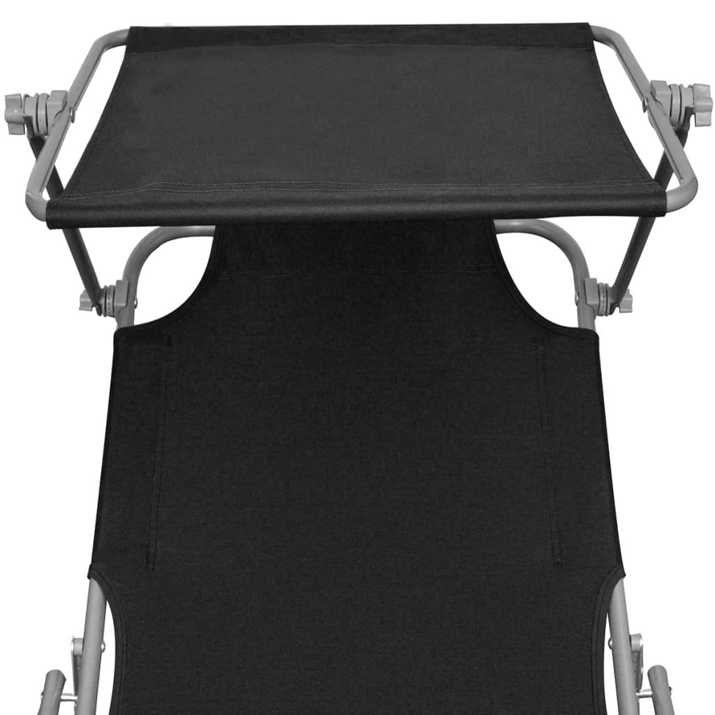 Folding Sun Lounger with Canopy Steel and Fabric Black at Set Shop and Smile