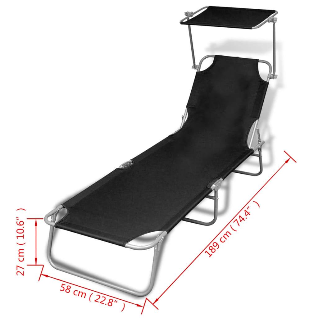 Folding Sun Lounger with Canopy Steel and Fabric Black at Set Shop and Smile