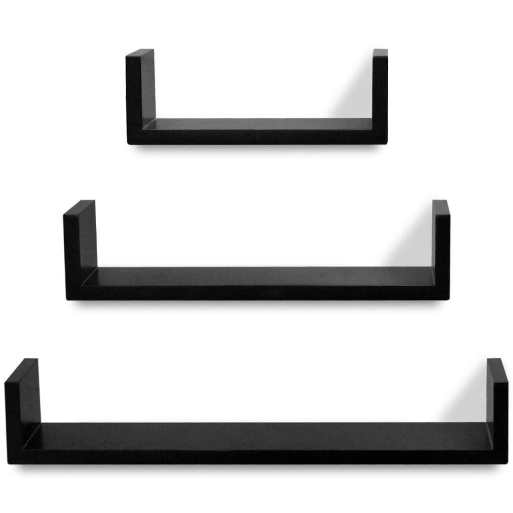 3 Black MDF U-Shaped Floating Wall Display Shelves Book/DVD Storage at Set Shop and Smile