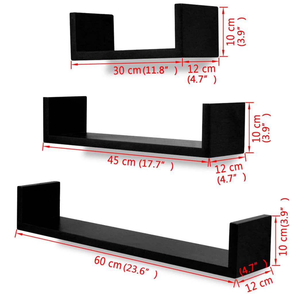 3 Black MDF U-Shaped Floating Wall Display Shelves Book/DVD Storage at Set Shop and Smile