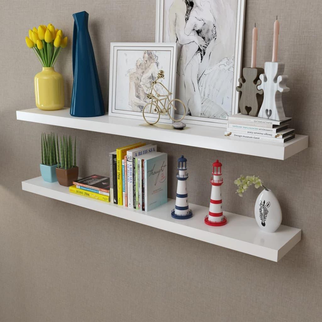 2 White MDF Floating Wall Display Shelves Book/DVD Storage at Set Shop and Smile