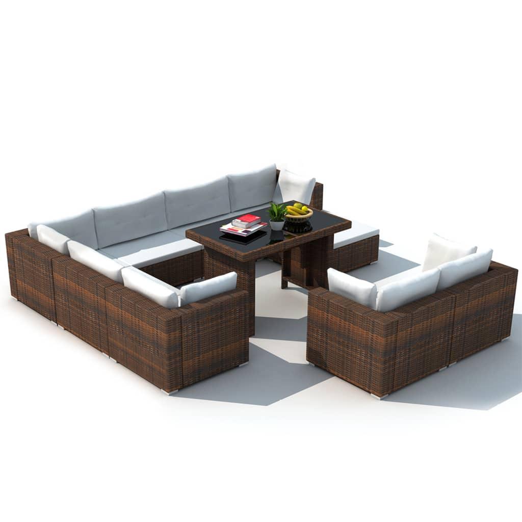 10 Piece Patio Lounge Set with Cushions Poly Rattan Brown at Set Shop and Smile