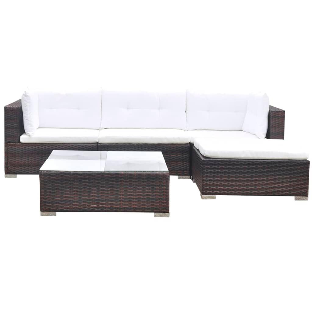 5 Piece Patio Lounge Set with Cushions Poly Rattan Brown at Set Shop and Smile