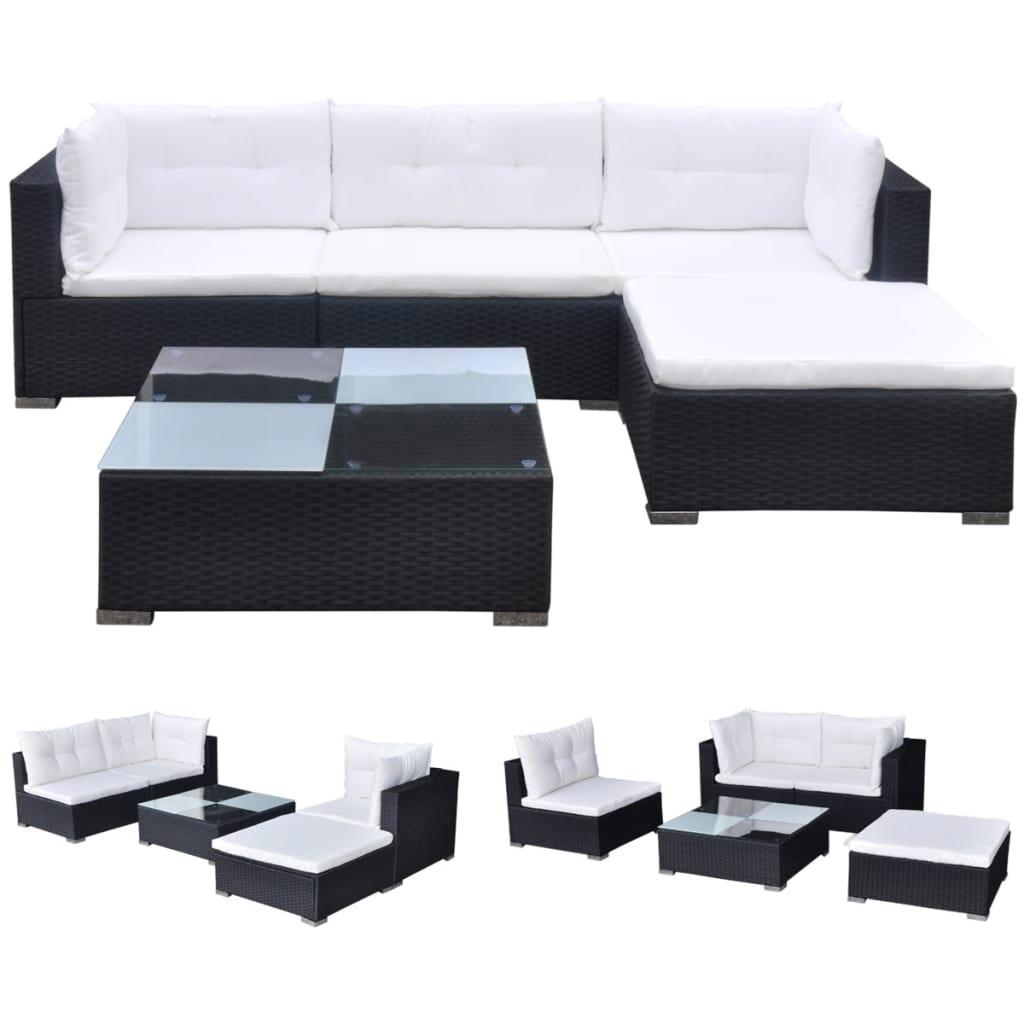 5 Piece Patio Lounge Set with Cushions Poly Rattan Black at Set Shop and Smile