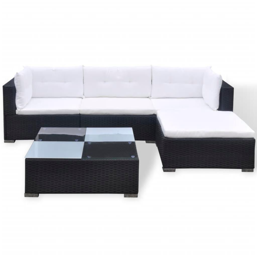 5 Piece Patio Lounge Set with Cushions Poly Rattan Black at Set Shop and Smile