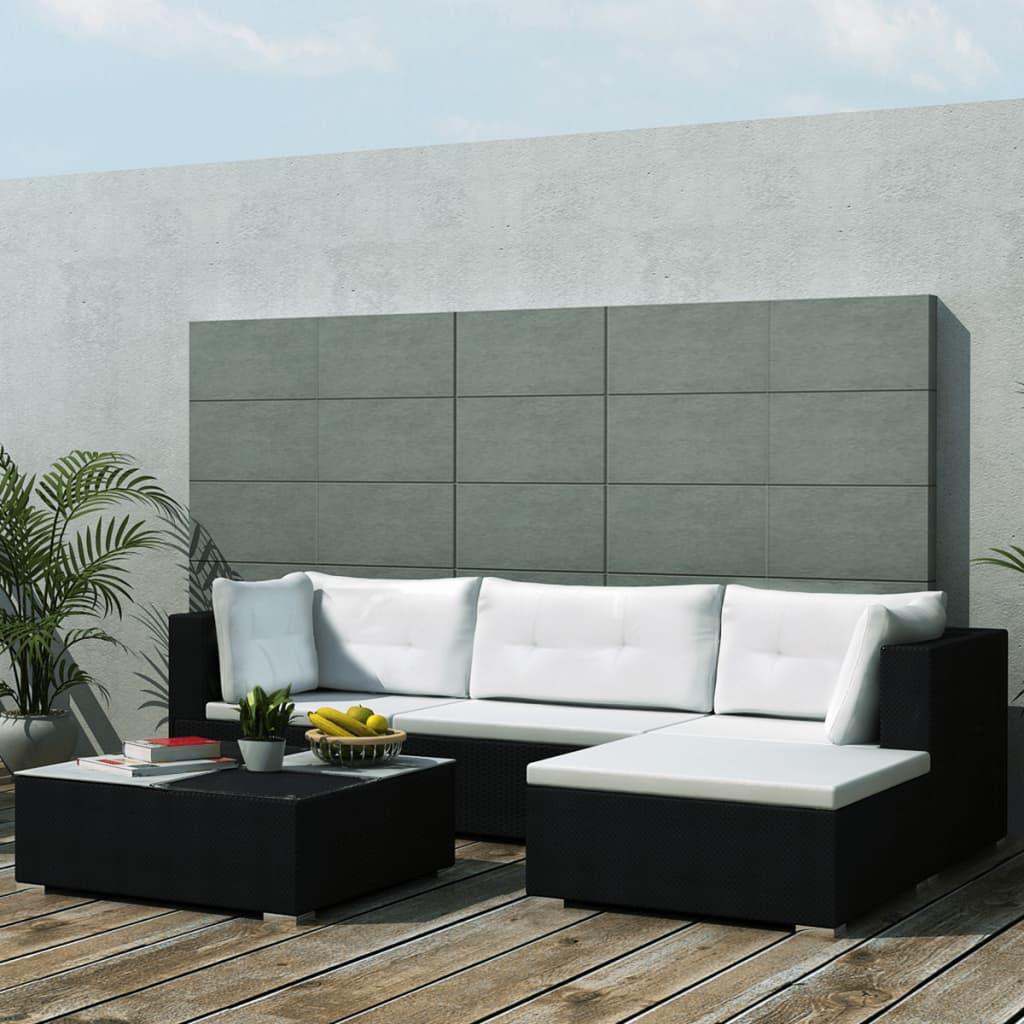 5 Piece Patio Lounge Set with Cushions Poly Rattan Black at Set Shop and Smile
