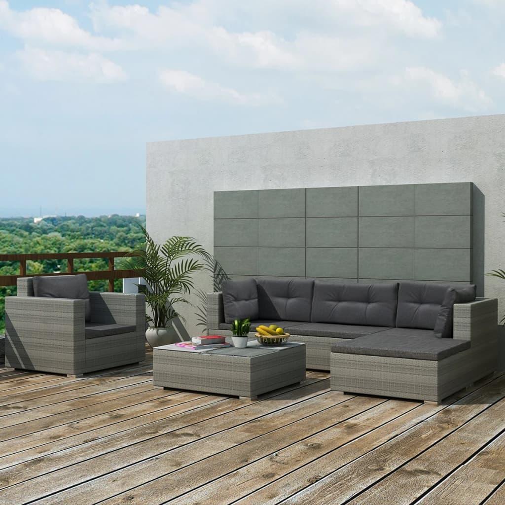 6 Piece Patio Lounge Set with Cushions Poly Rattan Gray at Set Shop and Smile