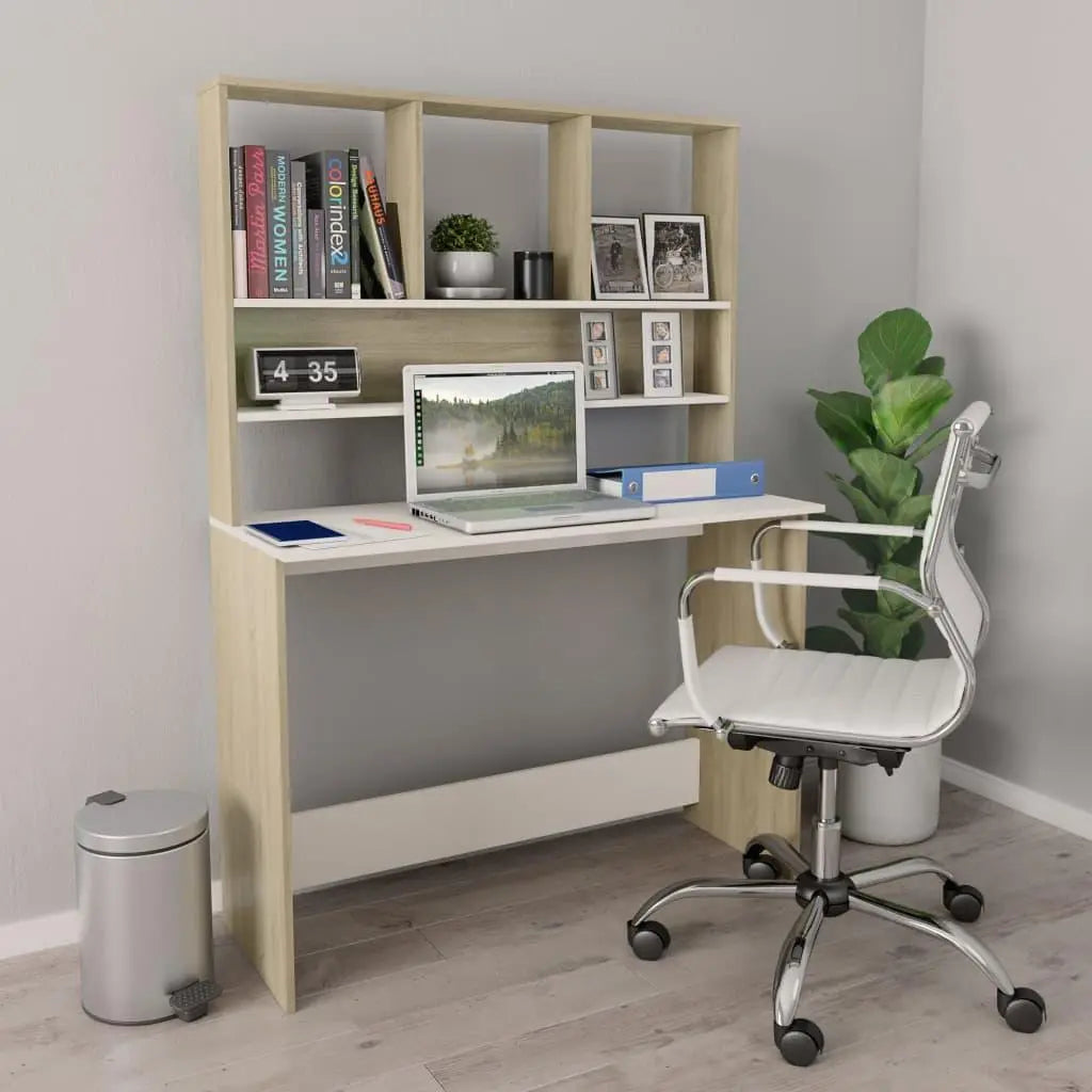 Desk with Shelves White and Sonoma Oak 43.3"x17.7"x61.8" Engineered Wood at Set Shop and Smile