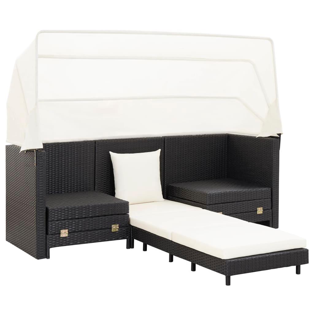 Extendable 3-Seater Sofa Bed with Roof Poly Rattan Black at Set Shop and Smile