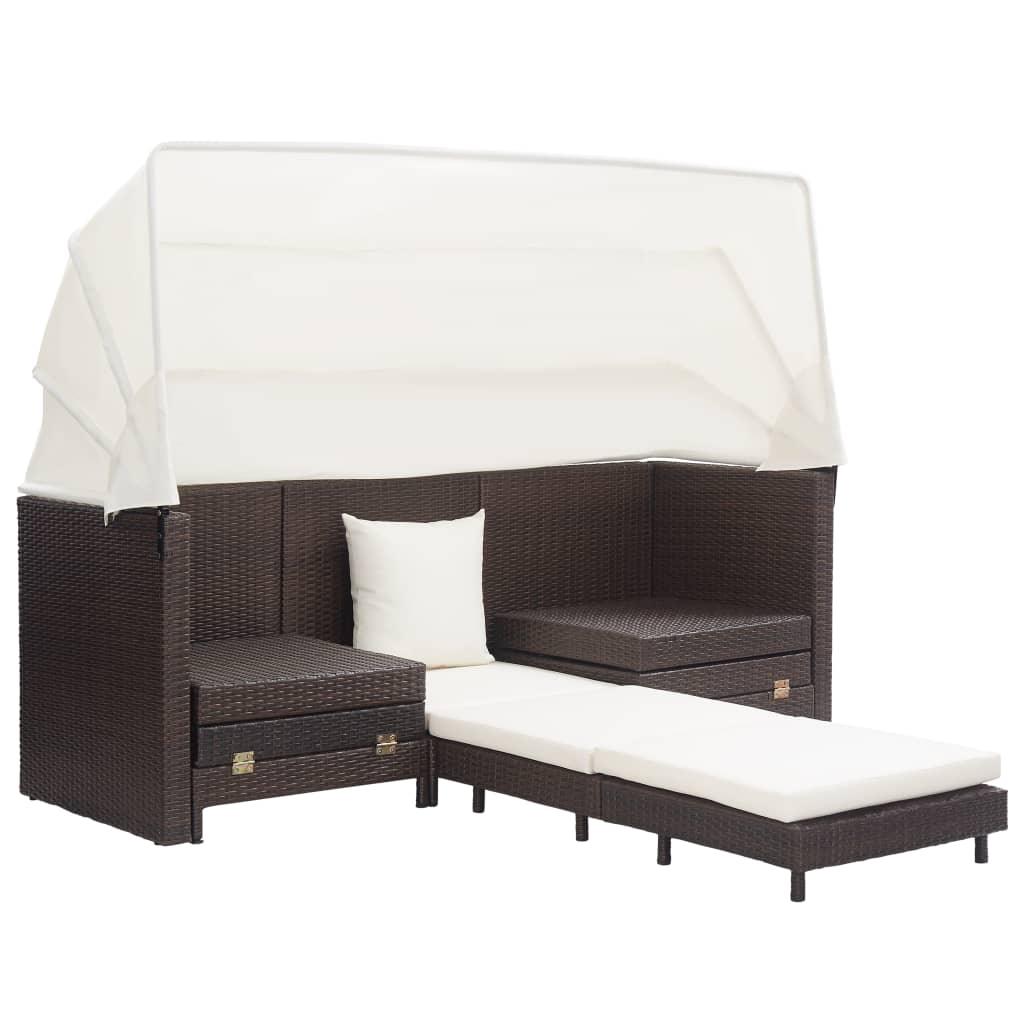 Extendable 3-Seater Sofa Bed with Roof Poly Rattan Brown at Set Shop and Smile