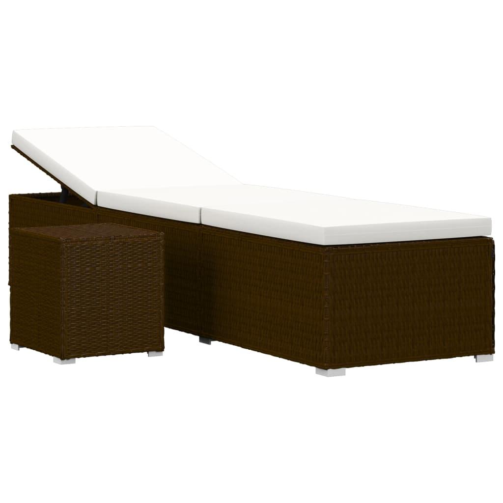 Sun Lounger with Cushion and Tea Table Poly Rattan Brown at Set Shop and Smile