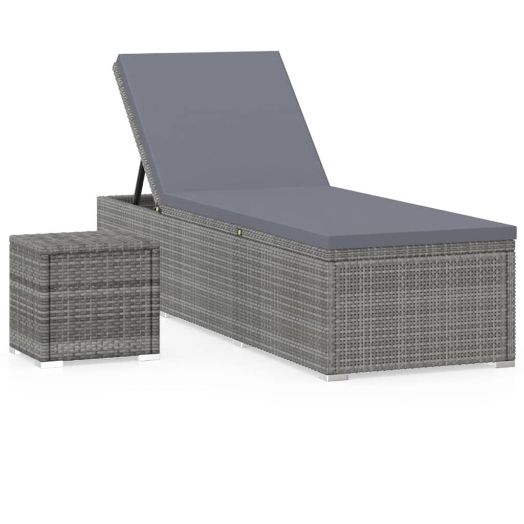 Sun Lounger with Cushion and Tea Table Poly Rattan Gray at Set Shop and Smile