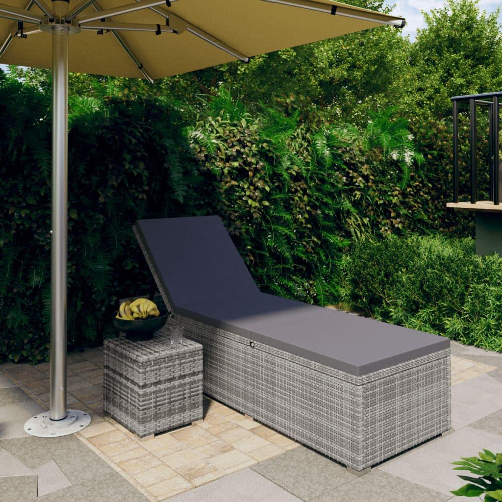 Sun Lounger with Cushion and Tea Table Poly Rattan Gray at Set Shop and Smile