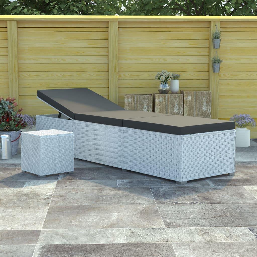 Sun Lounger with Cushion and Tea Table Poly Rattan White at Set Shop and Smile