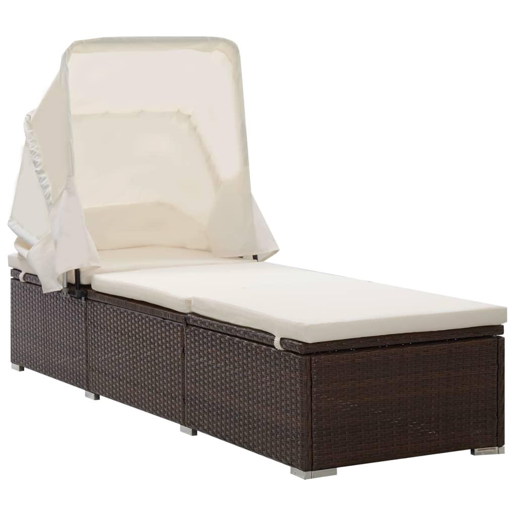 Sun Lounger with Canopy and Cushion Poly Rattan Brown at Set Shop and Smile