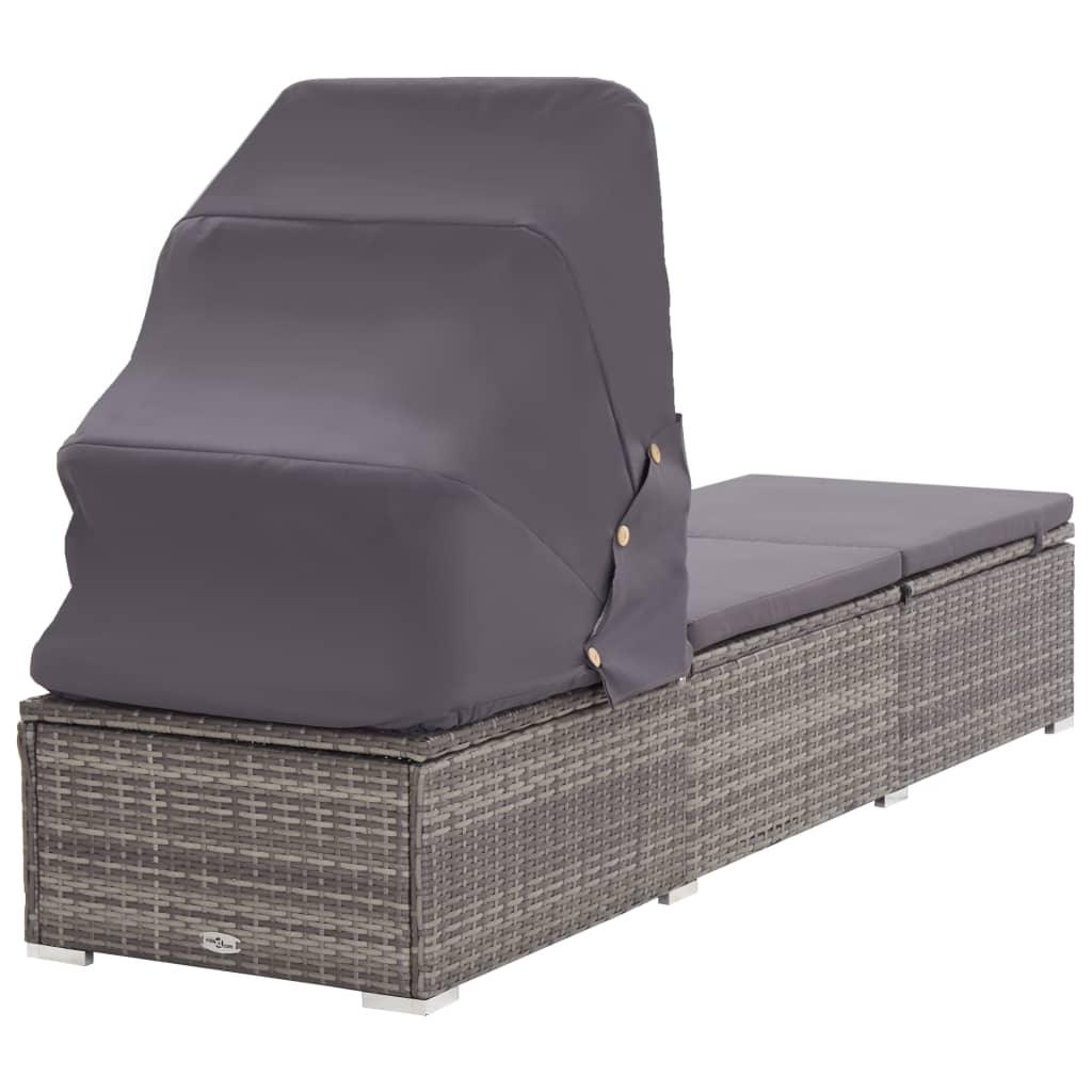 Sun Lounger with Canopy and Cushion Poly Rattan Gray at Set Shop and Smile