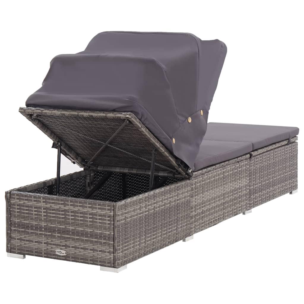 Sun Lounger with Canopy and Cushion Poly Rattan Gray at Set Shop and Smile