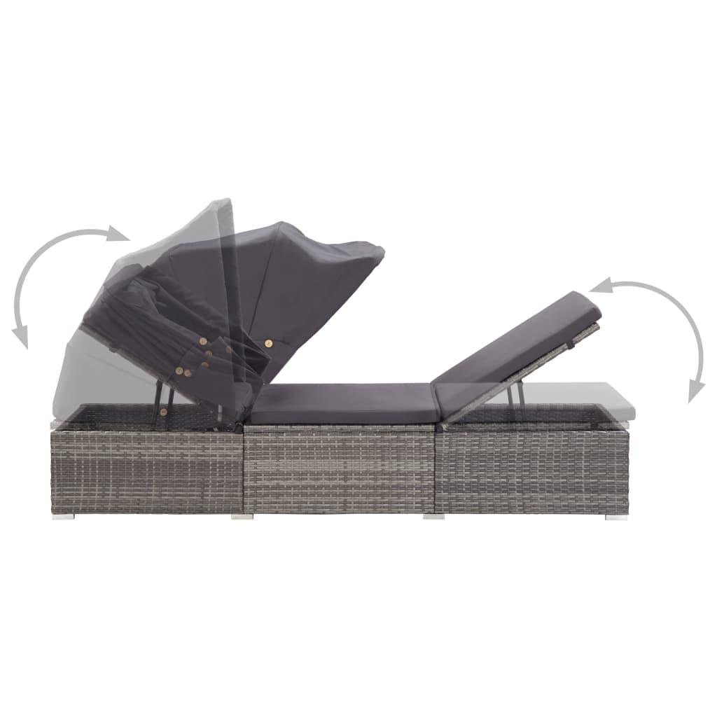 Sun Lounger with Canopy and Cushion Poly Rattan Gray at Set Shop and Smile