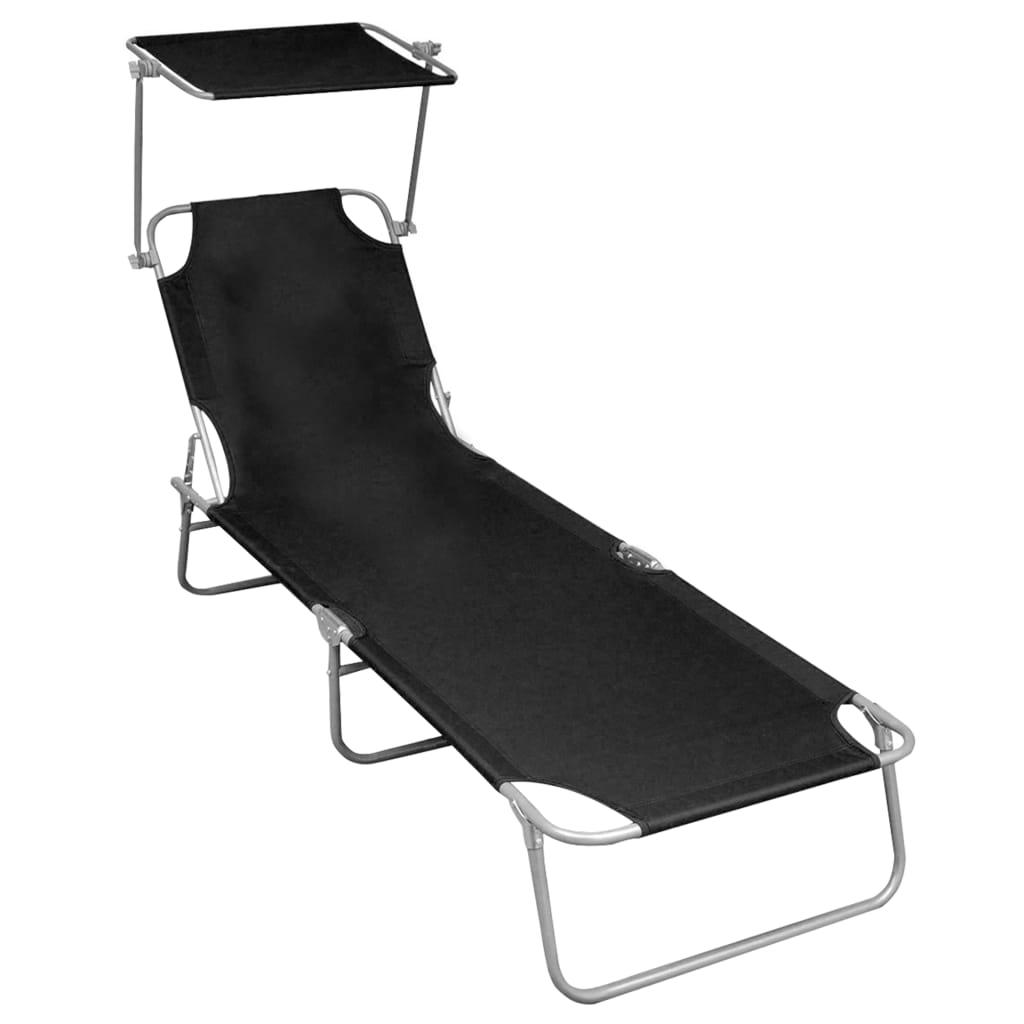 Folding Sun Lounger with Canopy Black Aluminum at Set Shop and Smile