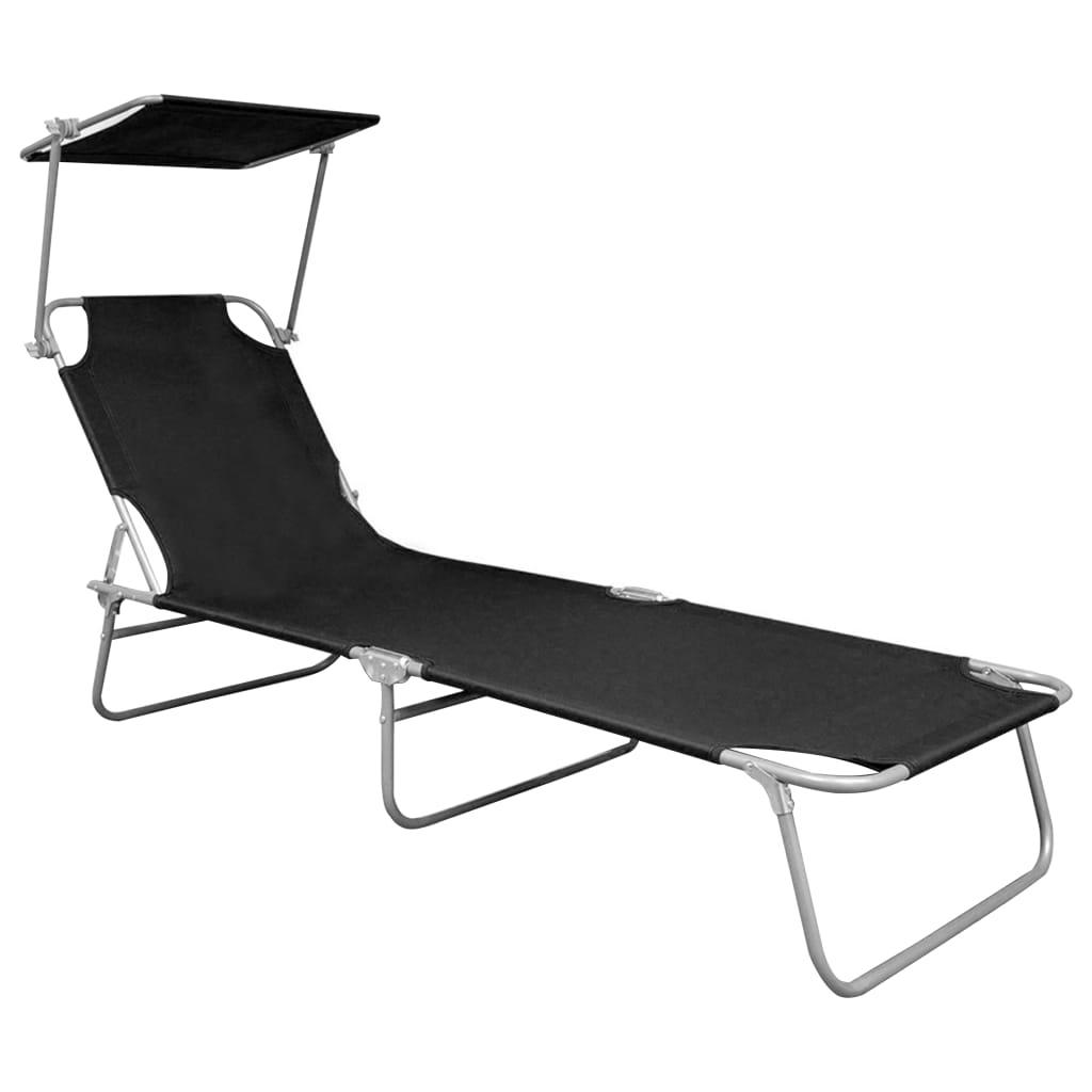 Folding Sun Lounger with Canopy Black Aluminum at Set Shop and Smile