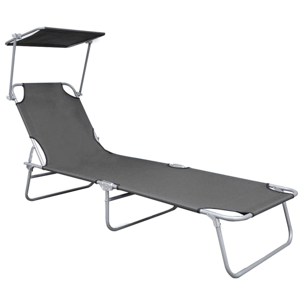 Folding Sun Lounger with Canopy Gray Aluminum at Set Shop and Smile