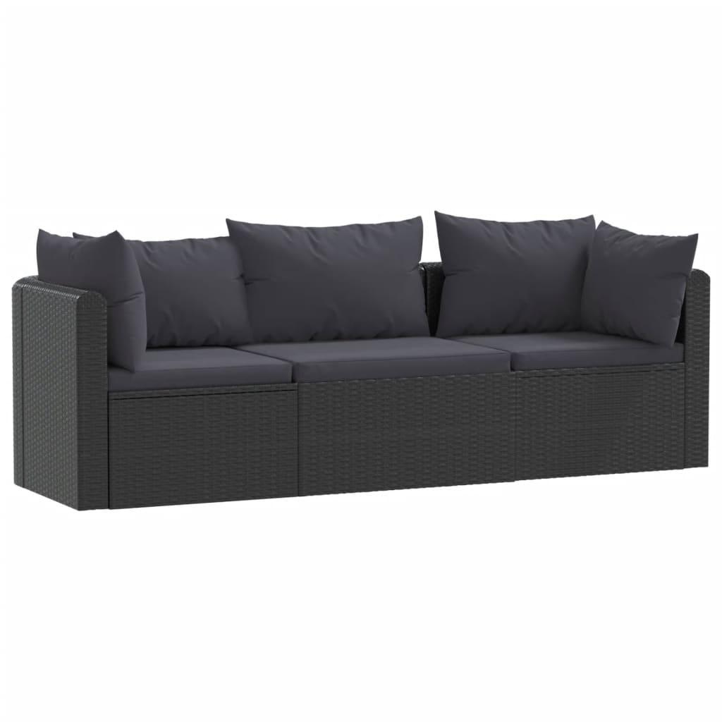 3 Piece Patio Sofa Set with Cushions Poly Rattan Black at Set Shop and Smile