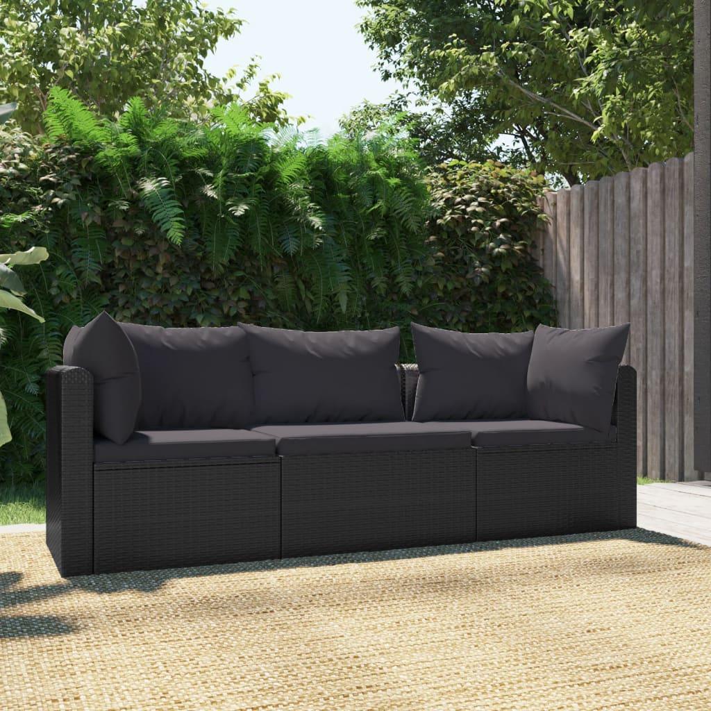3 Piece Patio Sofa Set with Cushions Poly Rattan Black at Set Shop and Smile