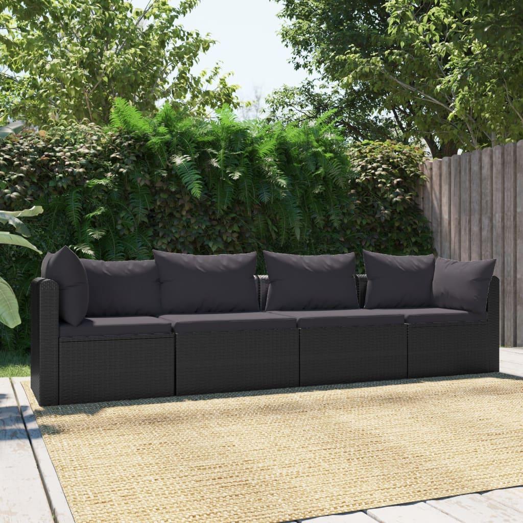 4 Piece Patio Sofa Set with Cushions Poly Rattan Black at Set Shop and Smile