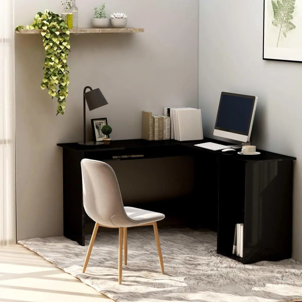 L-Shaped Corner Desk High Gloss Black 47.2" x 55.1" x 29.5" Engineered Wood at Set Shop and Smile