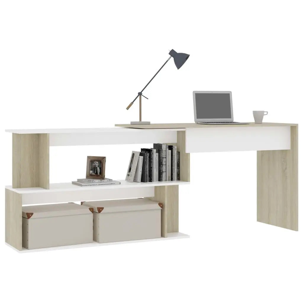 Corner Desk White and Sonoma Oak 78.7"x19.7"x29.9" Engineered Wood at Set Shop and Smile