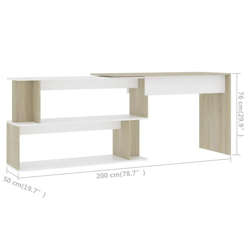 Corner Desk White and Sonoma Oak 78.7"x19.7"x29.9" Engineered Wood at Set Shop and Smile