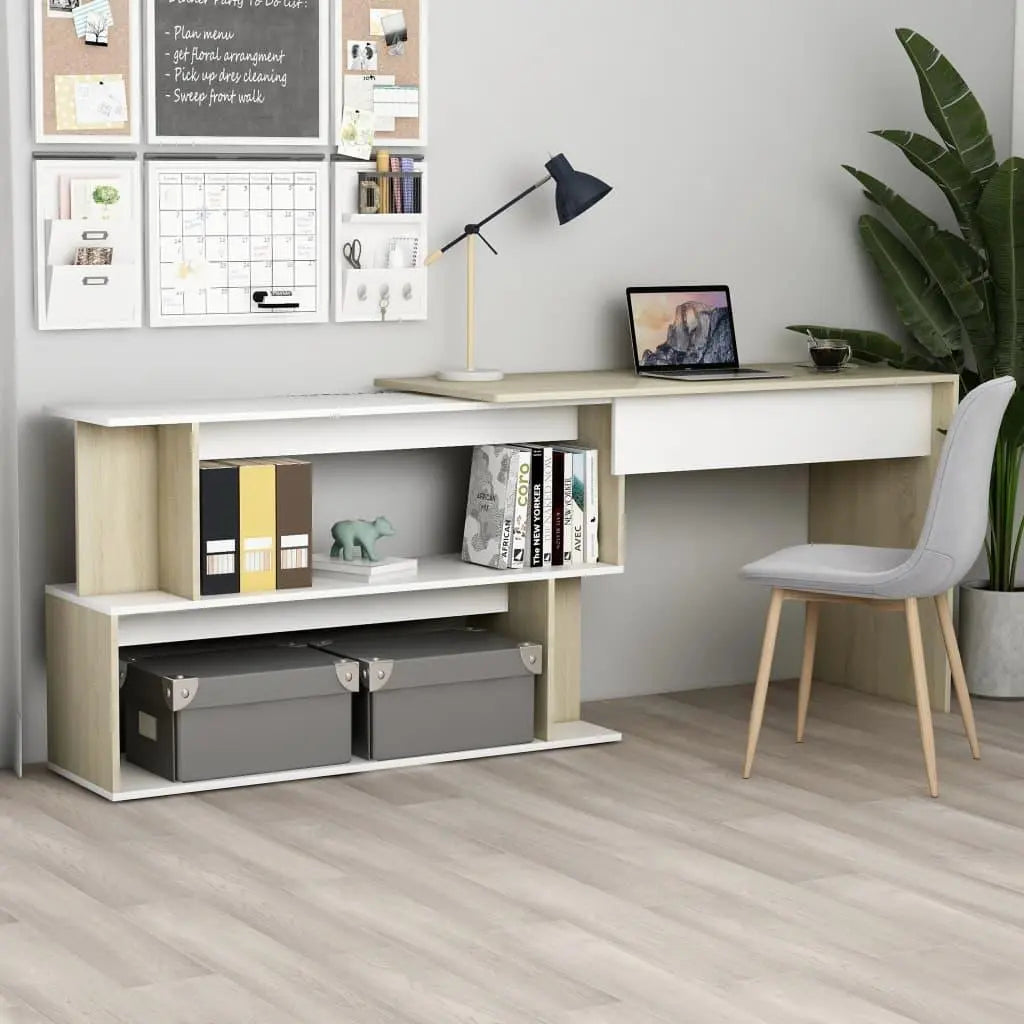 Corner Desk White and Sonoma Oak 78.7"x19.7"x29.9" Engineered Wood at Set Shop and Smile