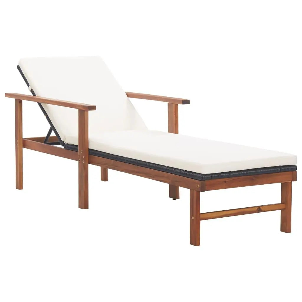 Sun Lounger with Cushion Poly Rattan and Solid Acacia Wood Black at Set Shop and Smile