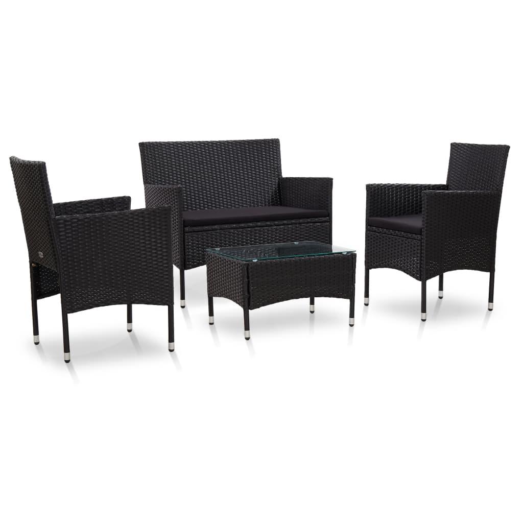 4 Piece Patio Lounge Set with Cushions Poly Rattan Black at Set Shop and Smile