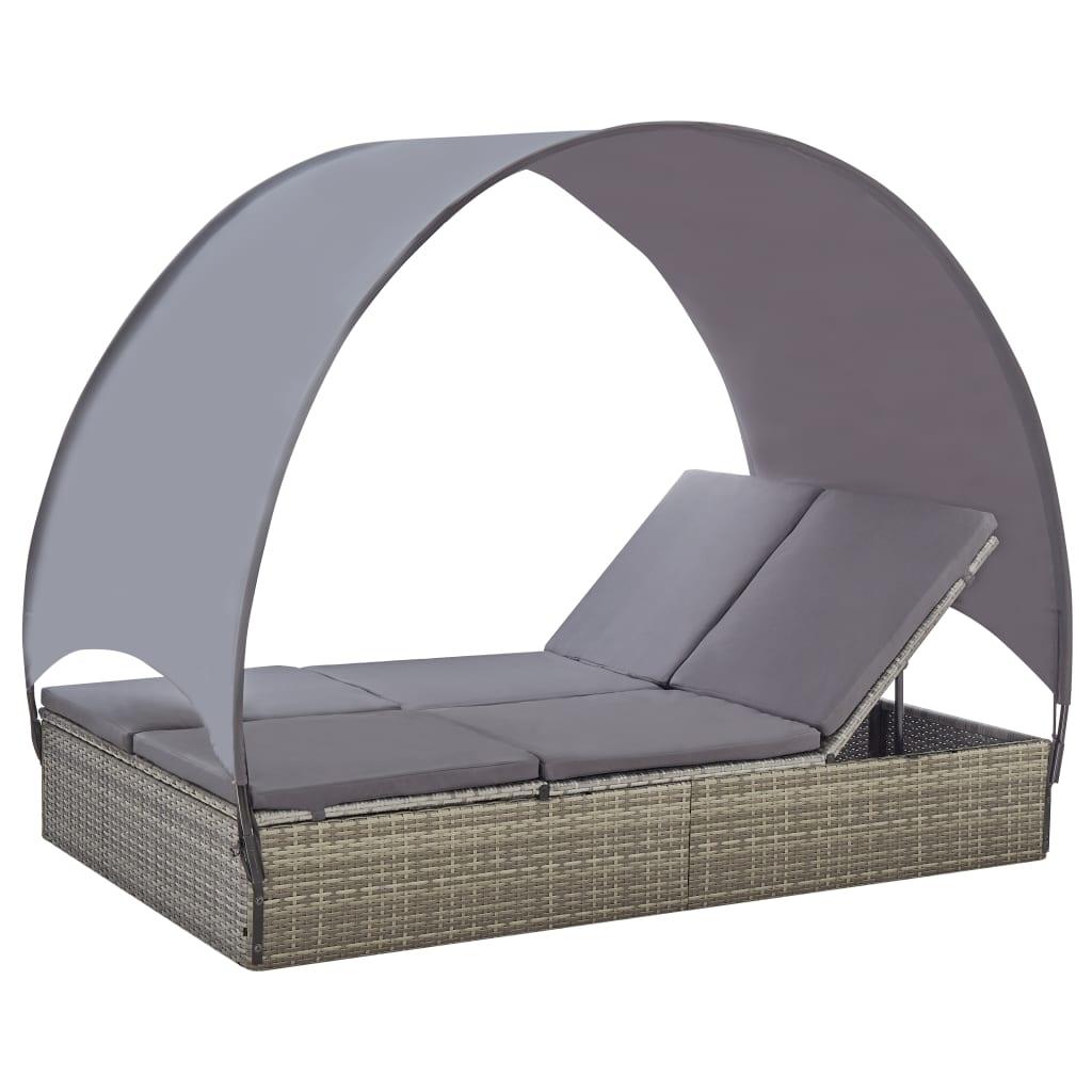 Double Sun Lounger with Canopy Poly Rattan Gray at Set Shop and Smile