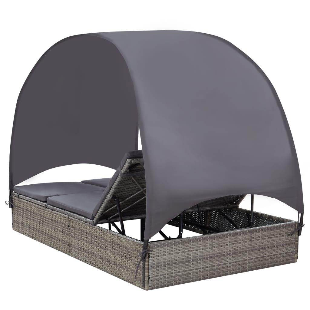 Double Sun Lounger with Canopy Poly Rattan Gray at Set Shop and Smile